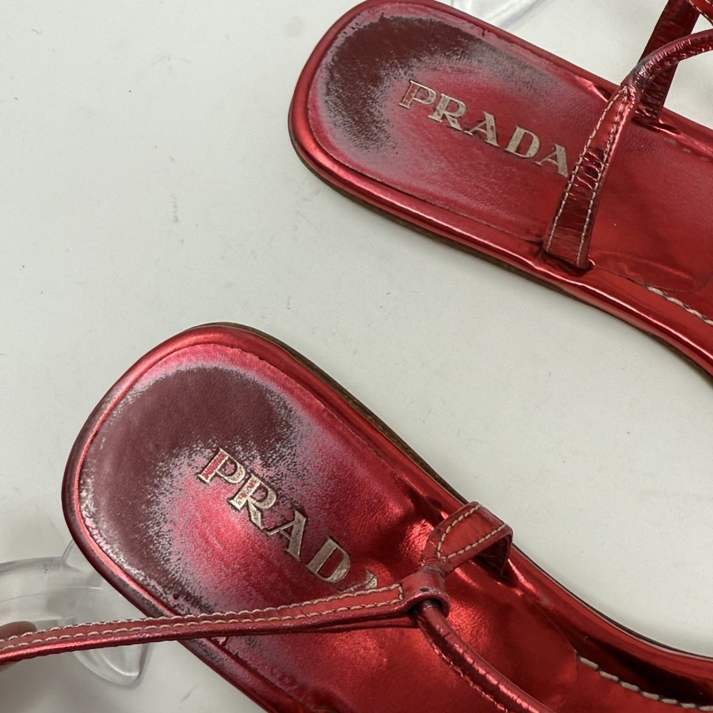 Prada Capretto Thong Leather Sandals Metallic Pinkish Red Size 7.5 (EU 38) - Picture 10 of 13